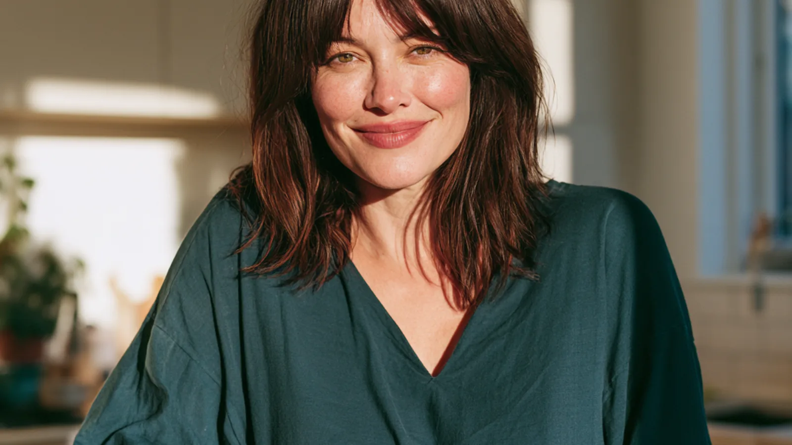 Woman in her mid-thirties with a dark bob pouring a berry-red collagen drink at a pale oak kitchen counter