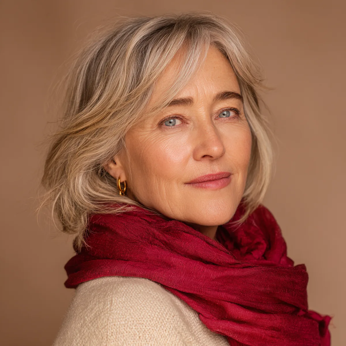 Woman in her fifties with silver-blonde hair and a berry-red scarf smiling over her shoulder