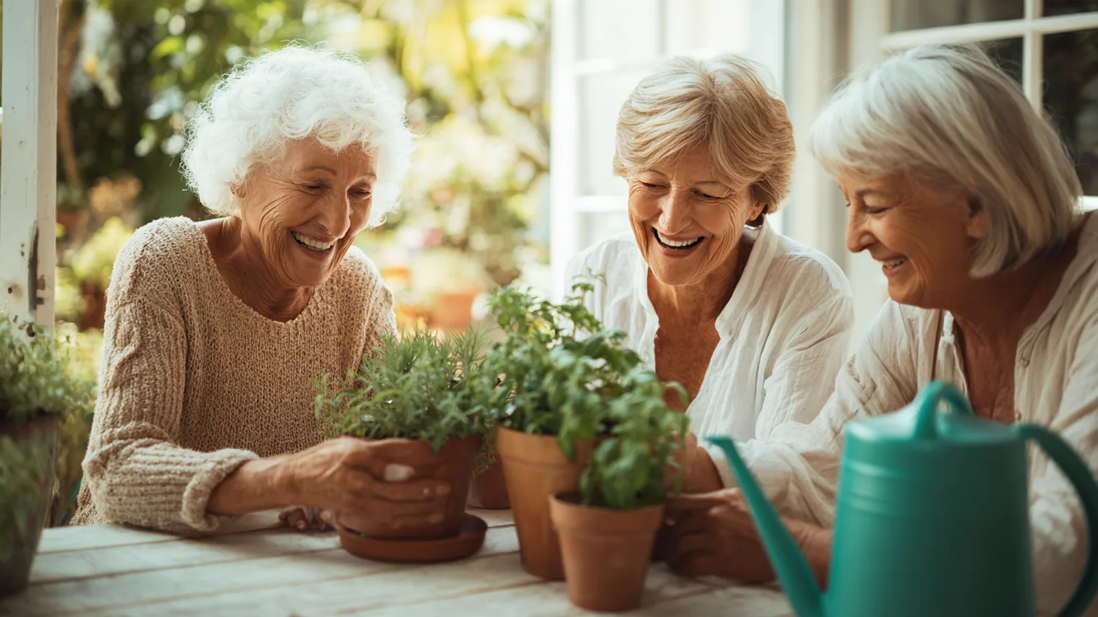 Two silver-haired women laughing as they pot herbs together at a table on a sunny terrace
