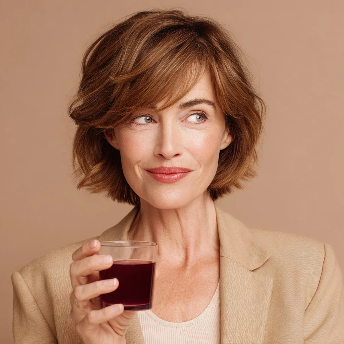Woman in her fifties in a sand blazer holding a small glass of collagen drink at eye level, looking curious