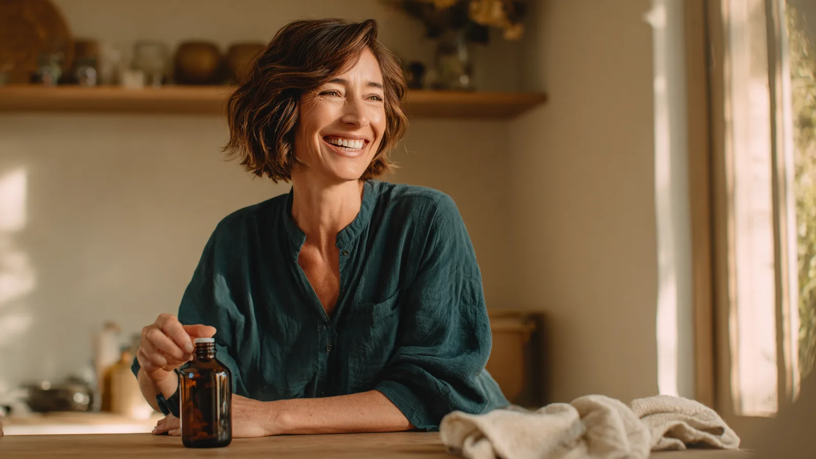 Woman in her forties laughing as she pours a liquid collagen portion at a pale oak kitchen counter