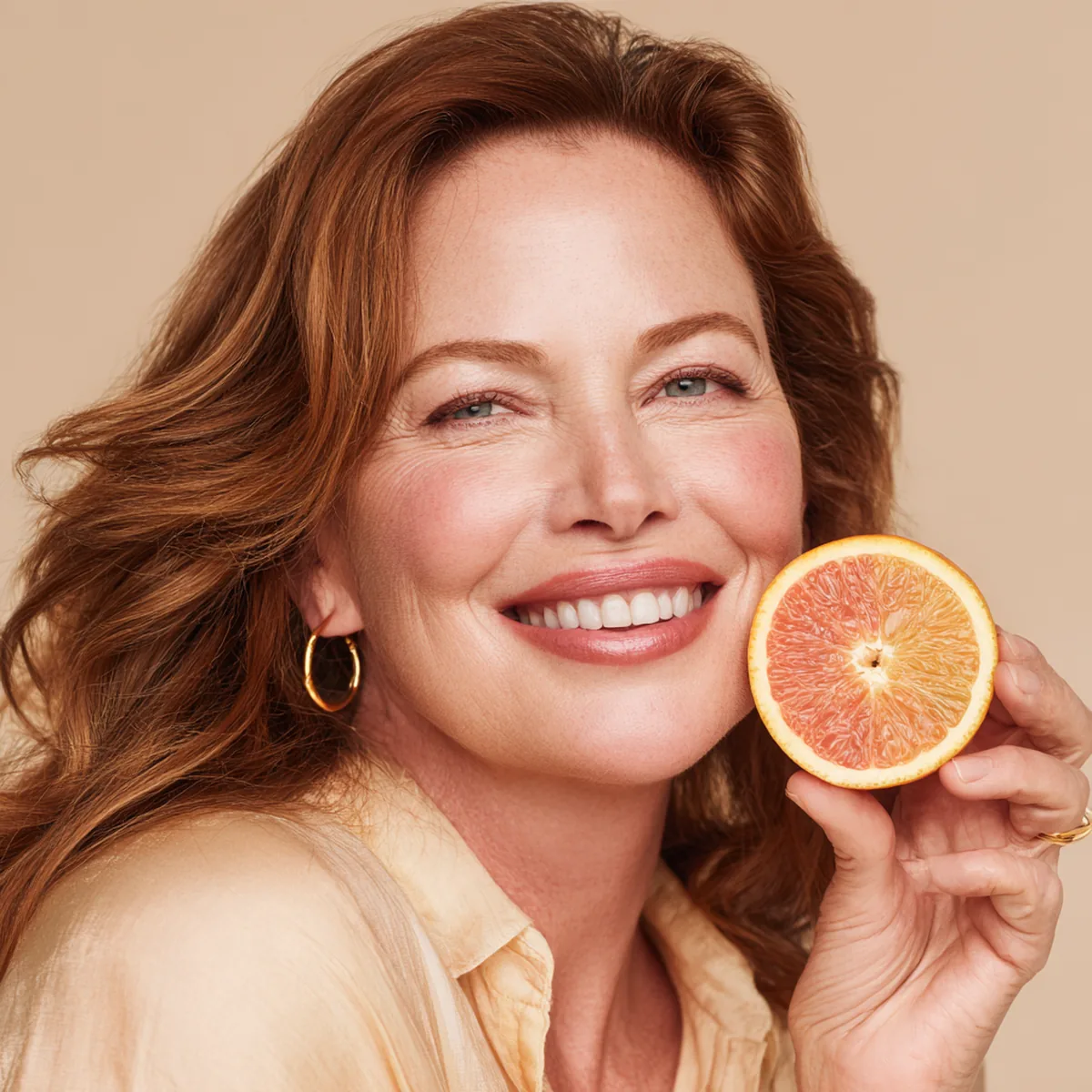 Woman in her fifties with auburn hair laughing and holding half a blood orange beside her glowing skin