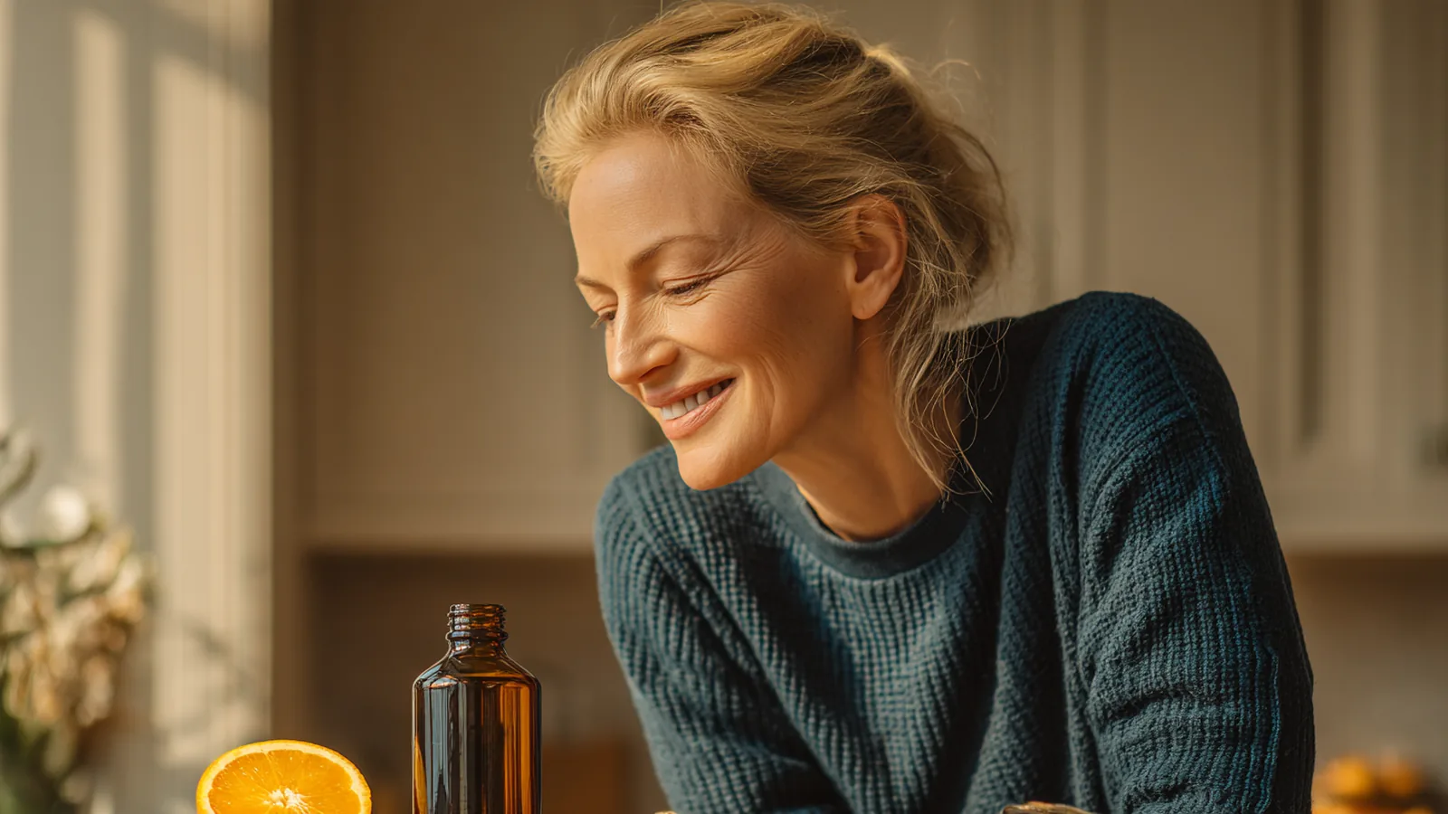 Blonde woman in a teal top pouring a collagen drink at a kitchen counter beside a halved orange