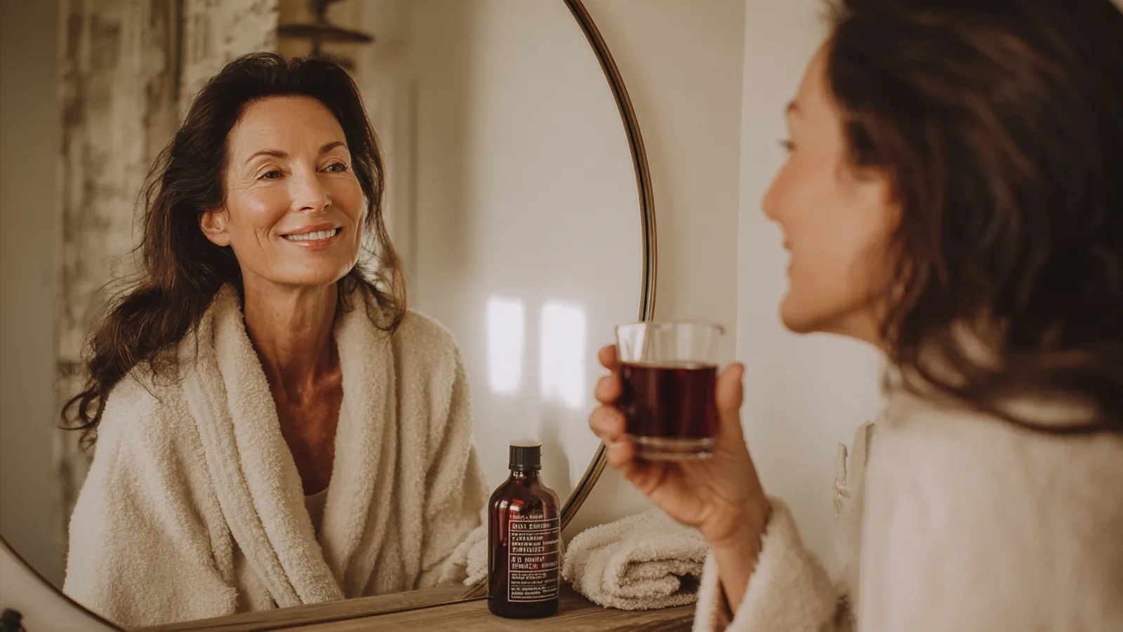 Woman in a robe lifting a small glass of collagen drink and grinning at a round bathroom mirror