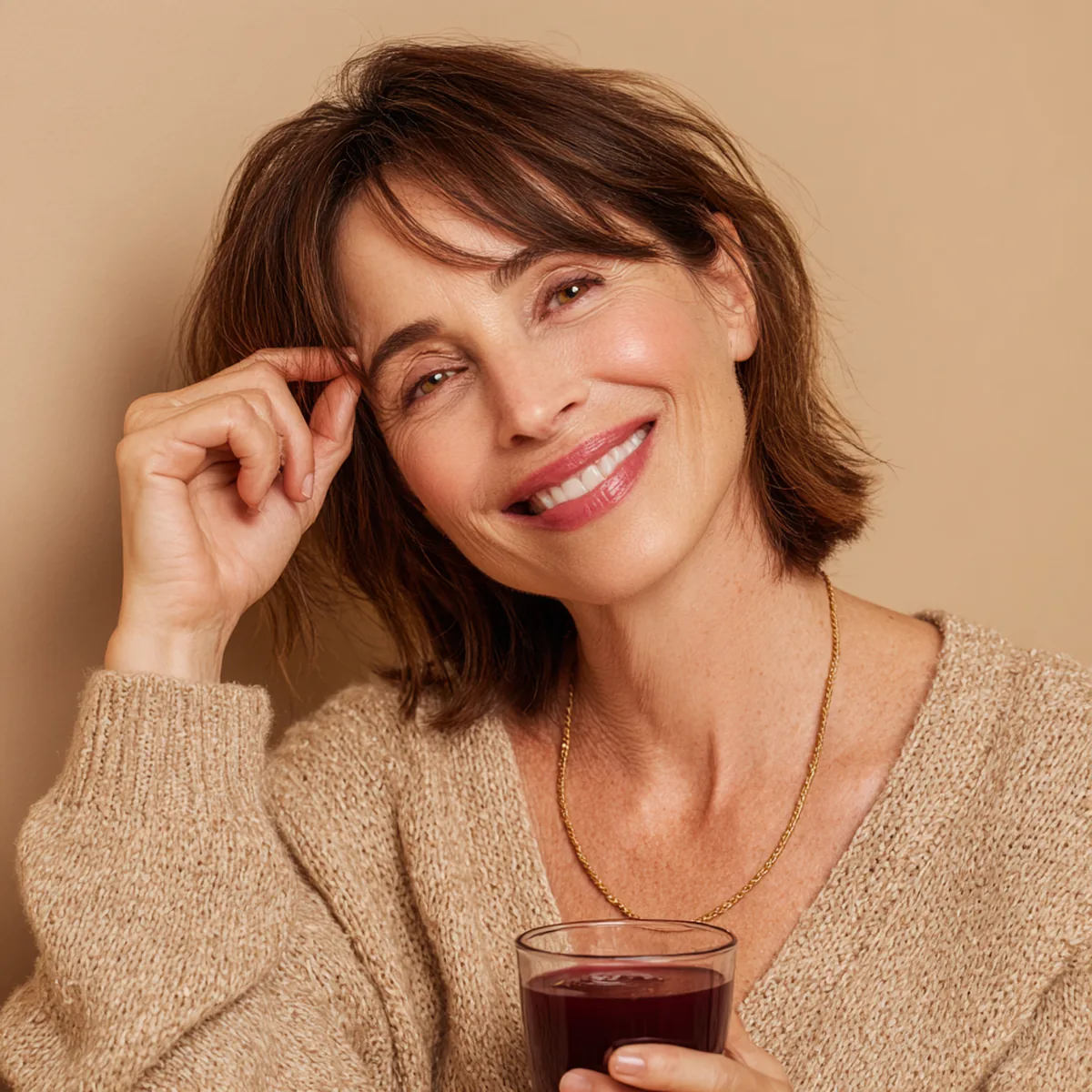 Grinning woman in her fifties tapping her temple with one finger, a small berry-red drink in her other hand