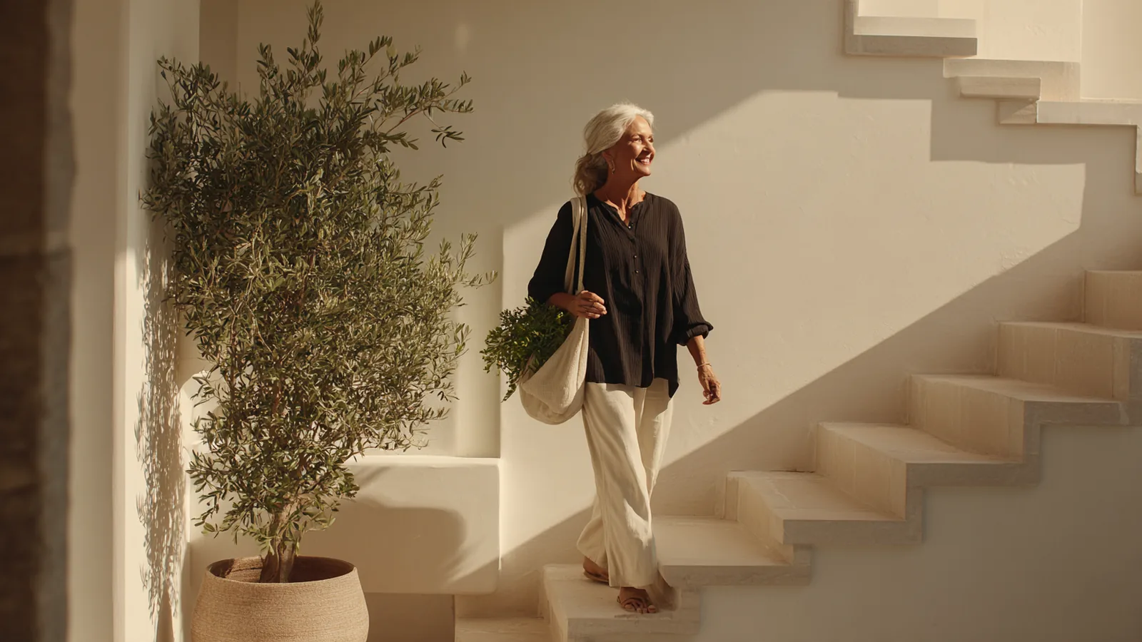 Silver-haired woman in her fifties striding up stone terrace steps with a canvas bag, laughing