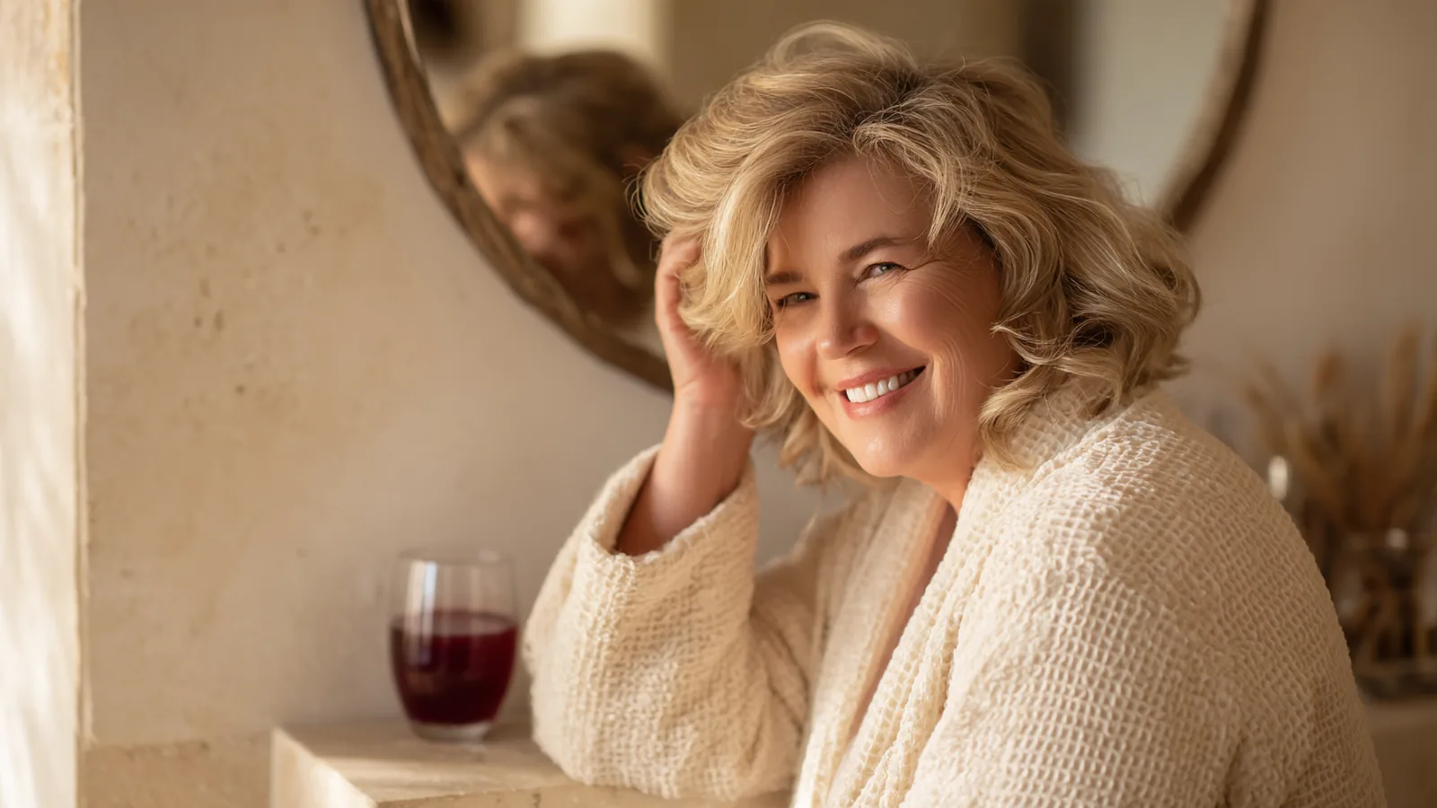 Blonde woman in a cream robe smiling at a bathroom mirror, tucking her hair behind her ear