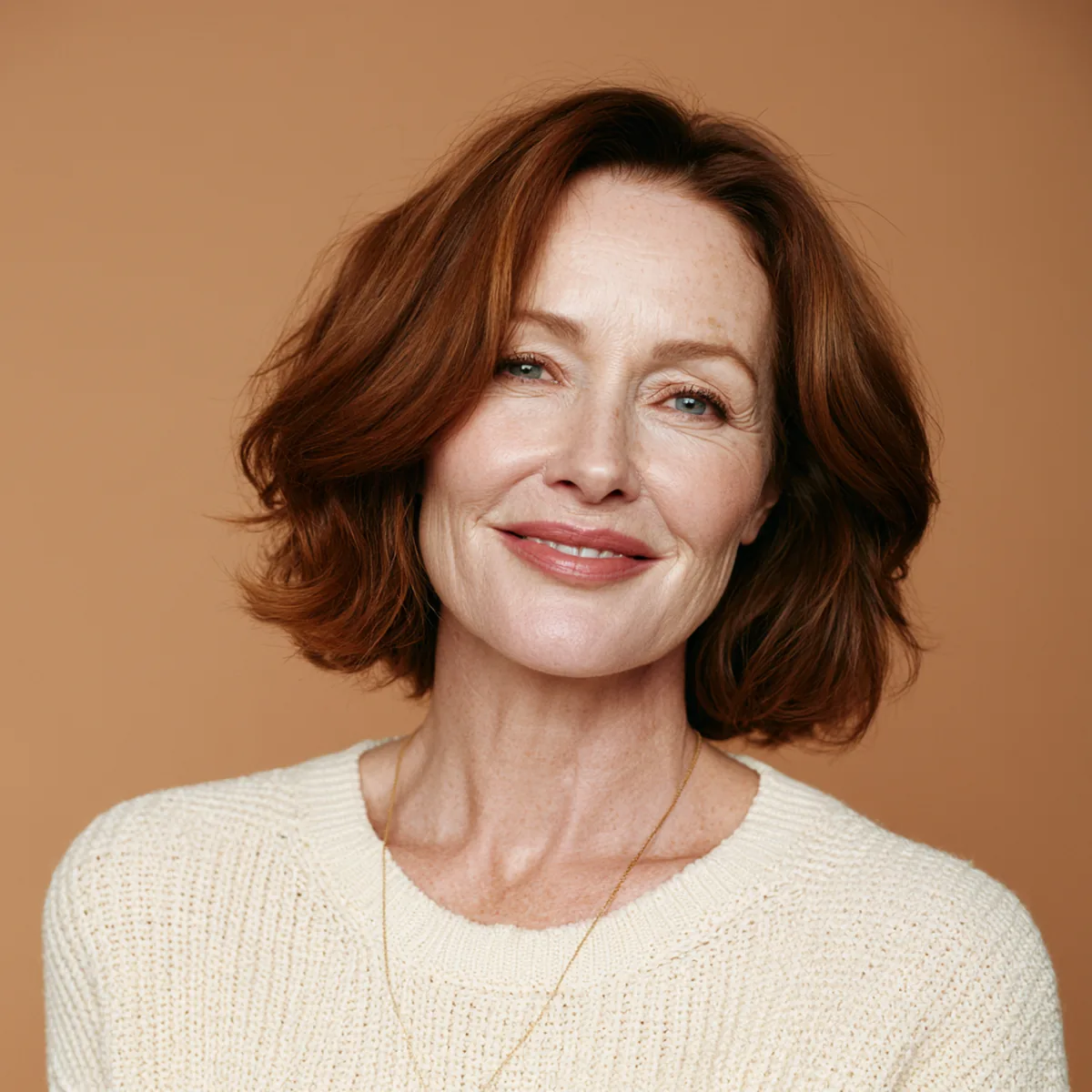Woman in her forties with an auburn bob smiling and cradling liquid collagen