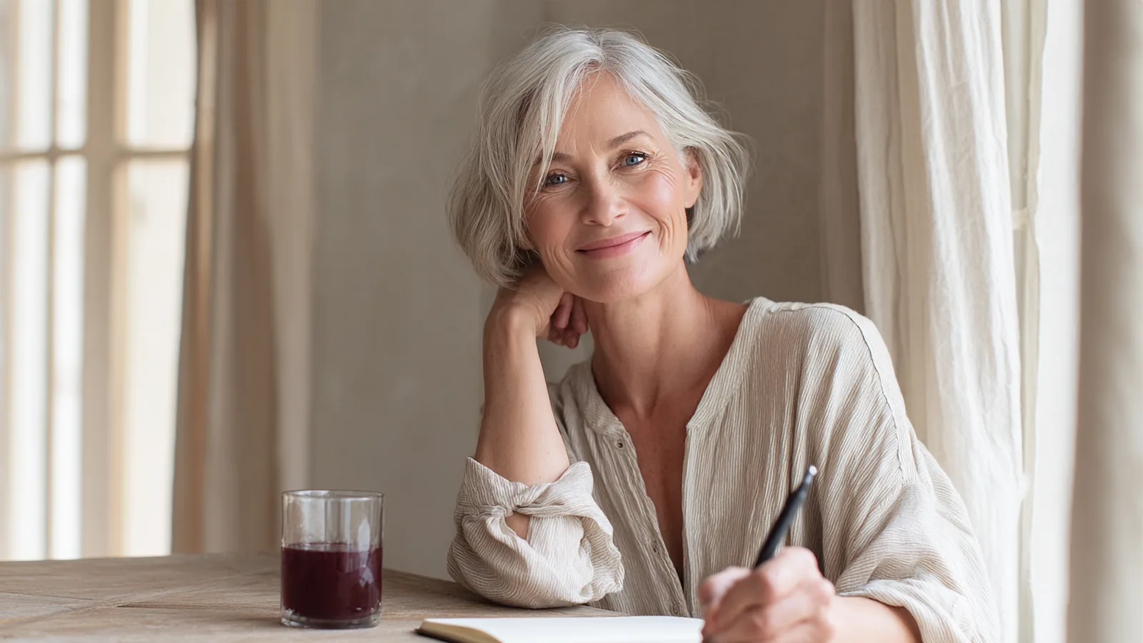 Woman in her fifties writing in a notebook at a window table, reaching for a small collagen drink