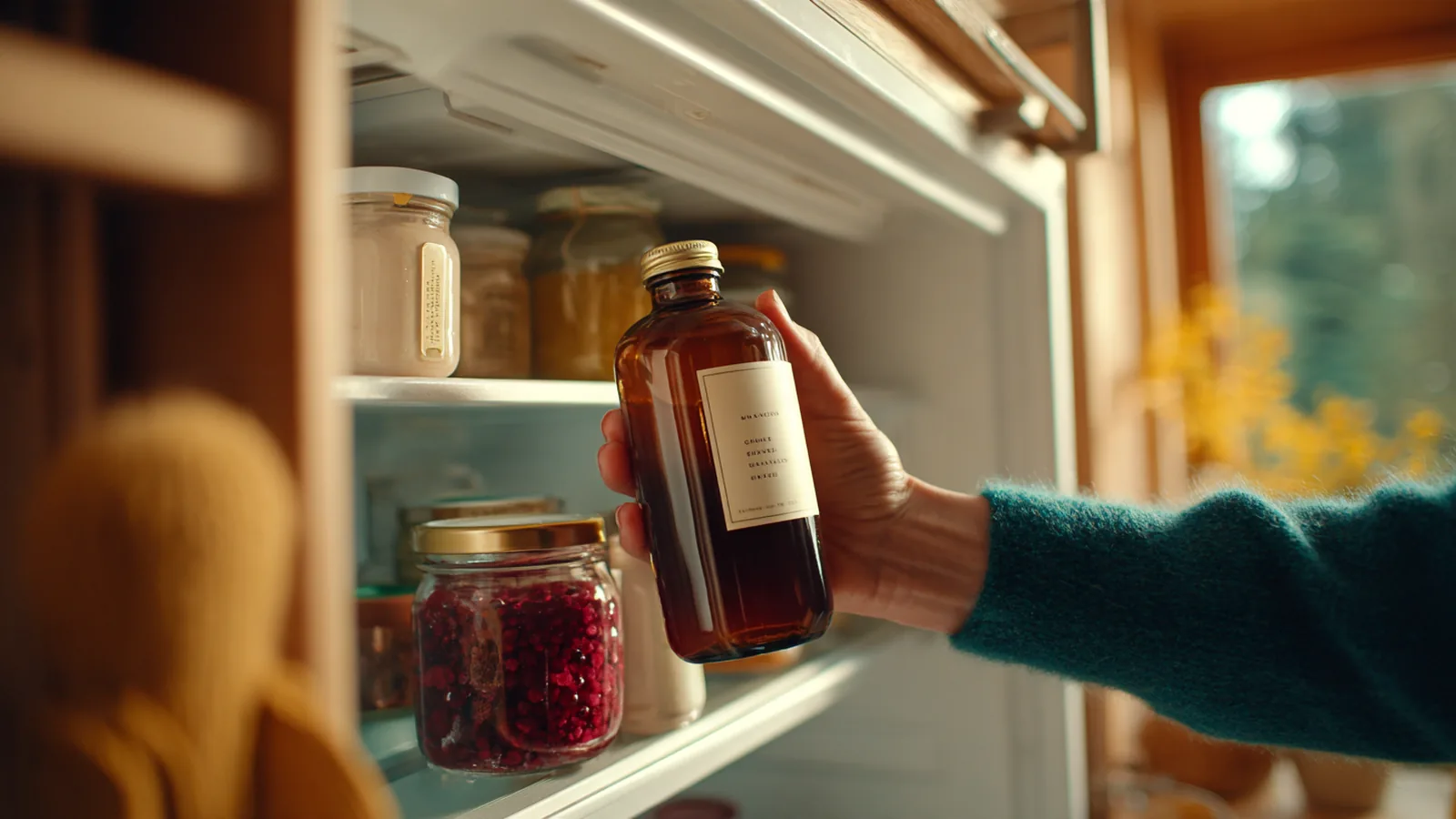 A woman's hand taking a pack of liquid collagen from the front of a tidy fridge door shelf