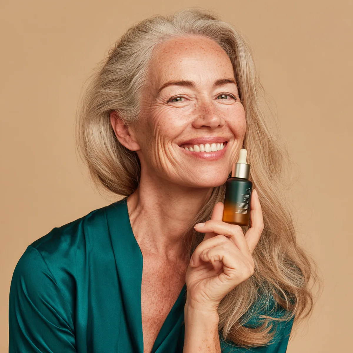 Blonde woman in her fifties in a teal blouse holding up a pack of collagen with vitamins and pointing at it