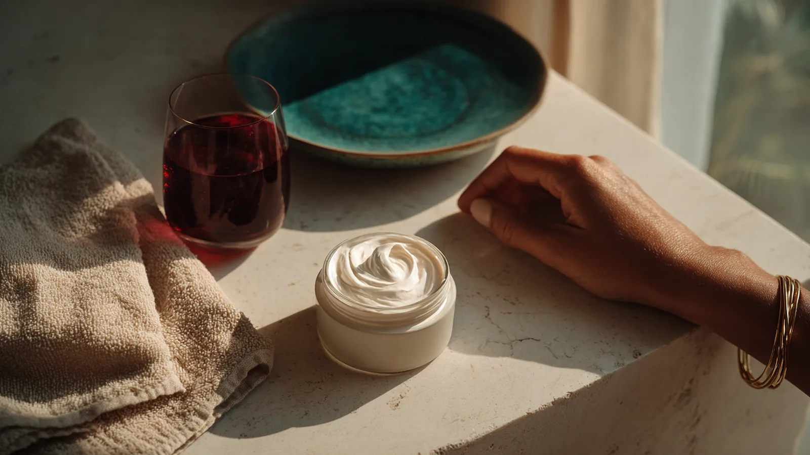 Open jar of face cream beside a small collagen drink on a stone shelf, a hand reaching for the glass