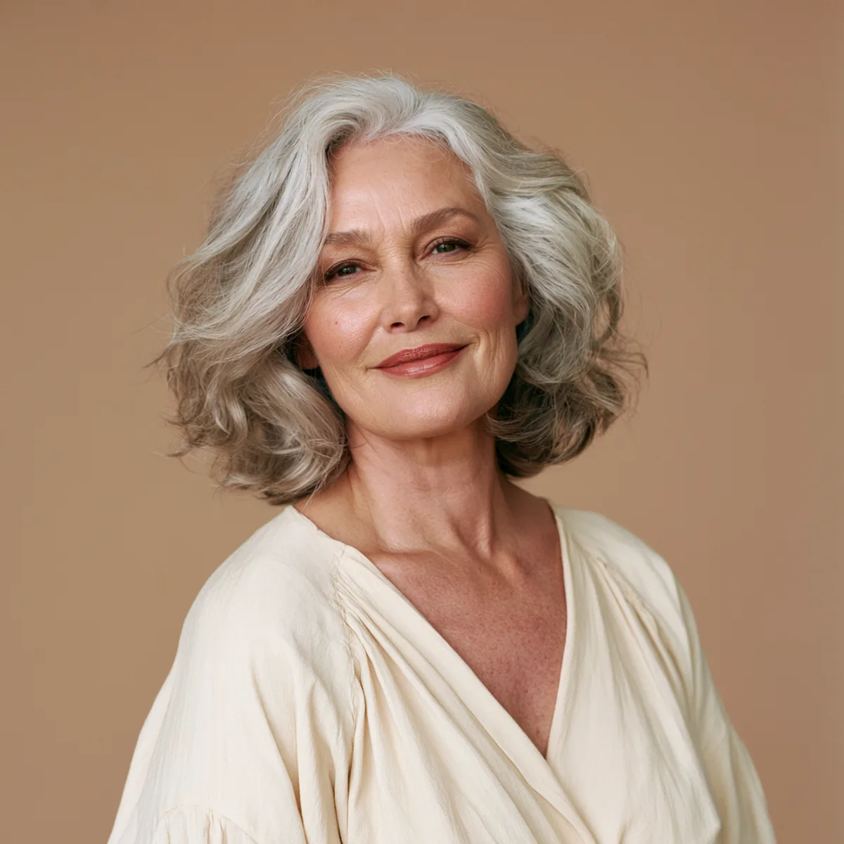 Woman in her fifties with silver hair holding a collagen pack and a measuring cap of berry-red drink