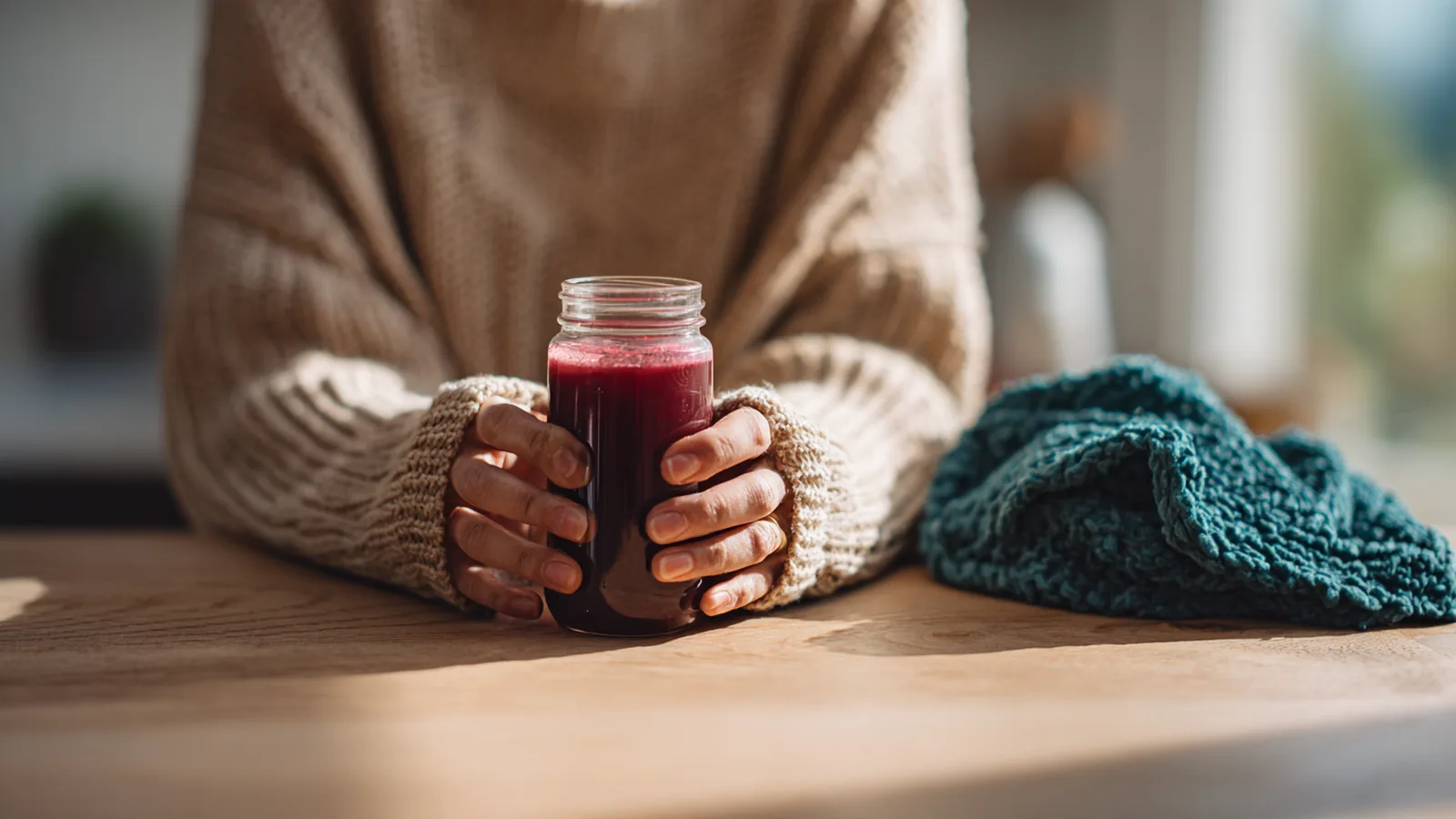 A woman's hands holding a small measured glass of berry-red collagen drink above a pale oak kitchen counter