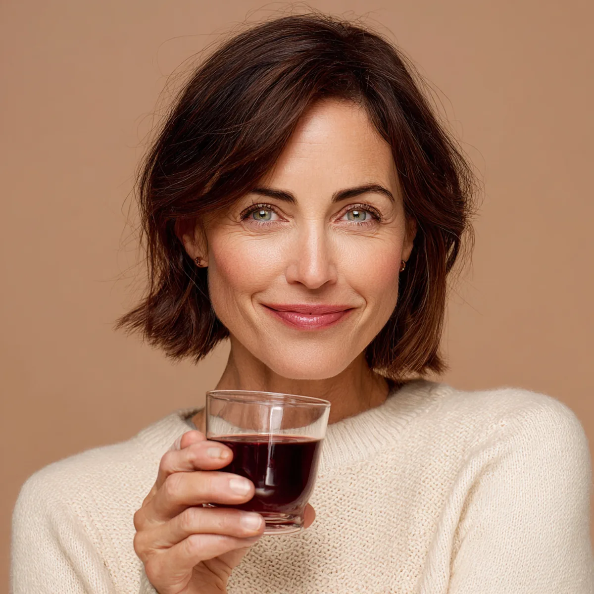 Woman in her forties with glasses in her hair turning a small glass of collagen drink with a curious smile