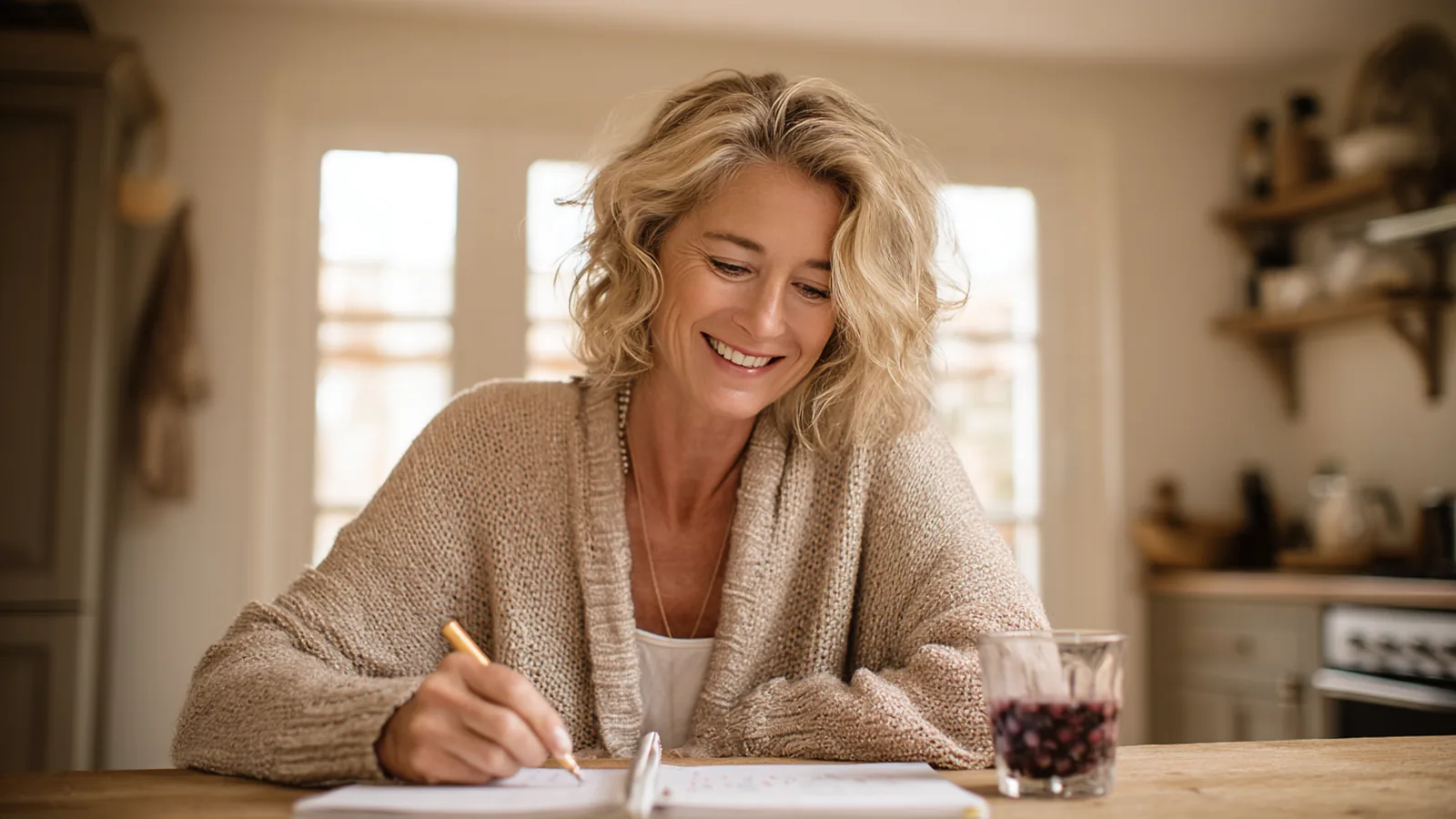 Woman in her fifties ticking off a paper calendar at a kitchen table beside a small glass of collagen drink