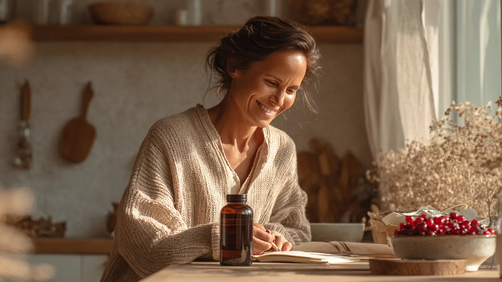 Cheerful woman in her forties pouring her morning berry-red portion into a measuring cap at an oak counter