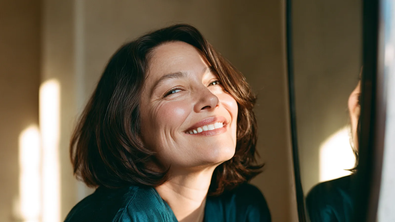 Woman in a teal robe smiling at a round bathroom mirror, eyes crinkled, a small drink on the shelf