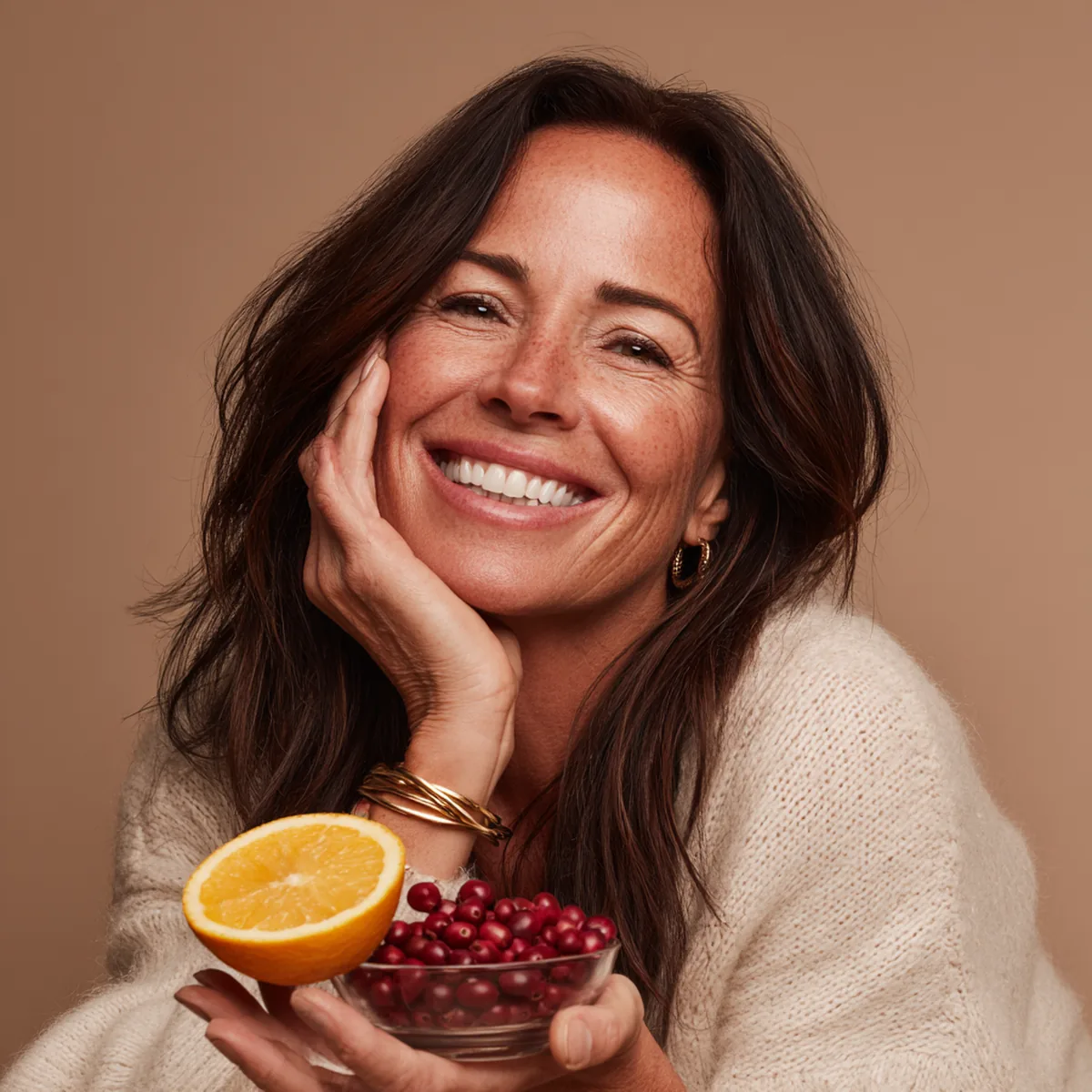 Woman in her forties laughing with a bowl of red berries and half an orange, foods linked to collagen