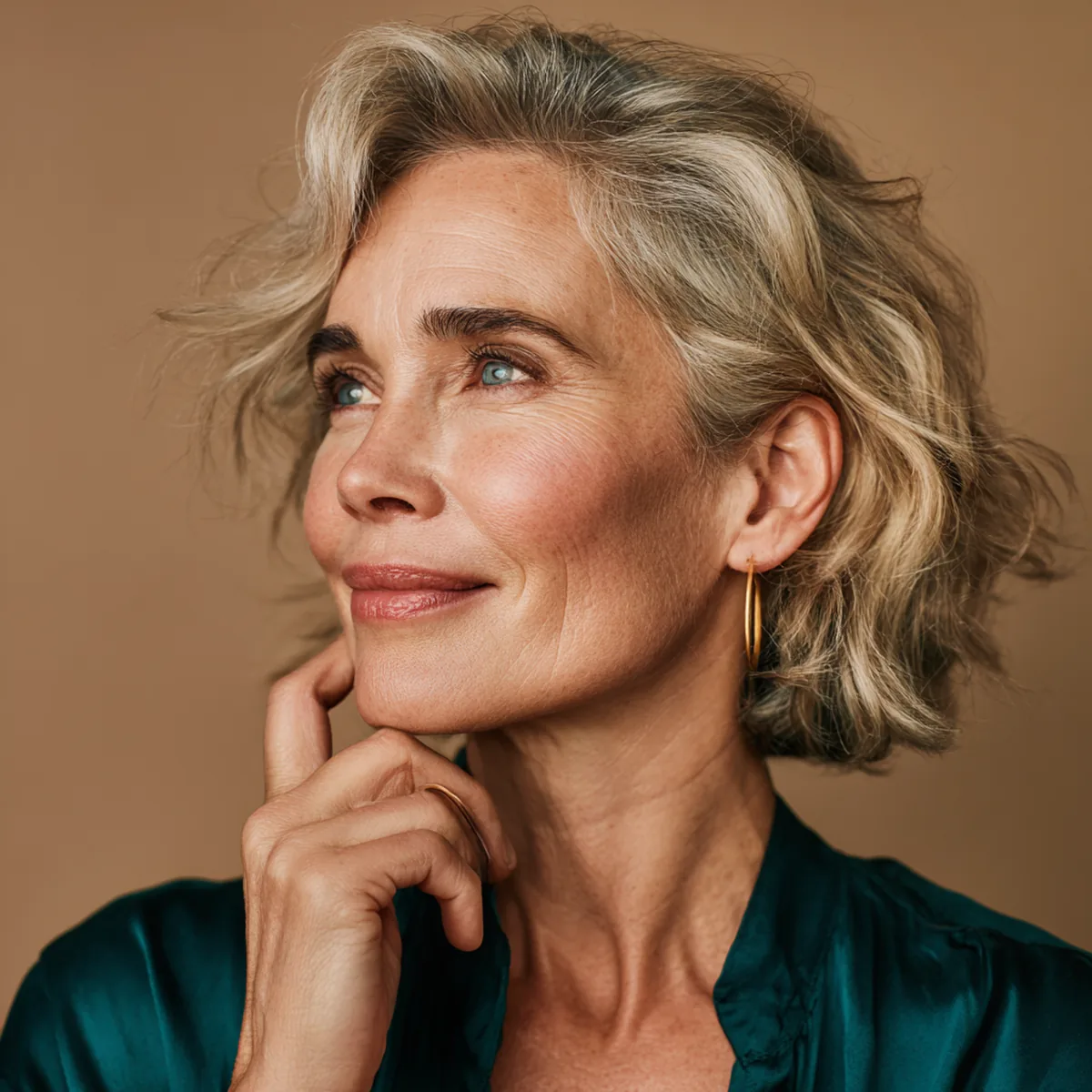 Woman in her fifties in profile with chin lifted, fingers resting along her jawline, skin glowing