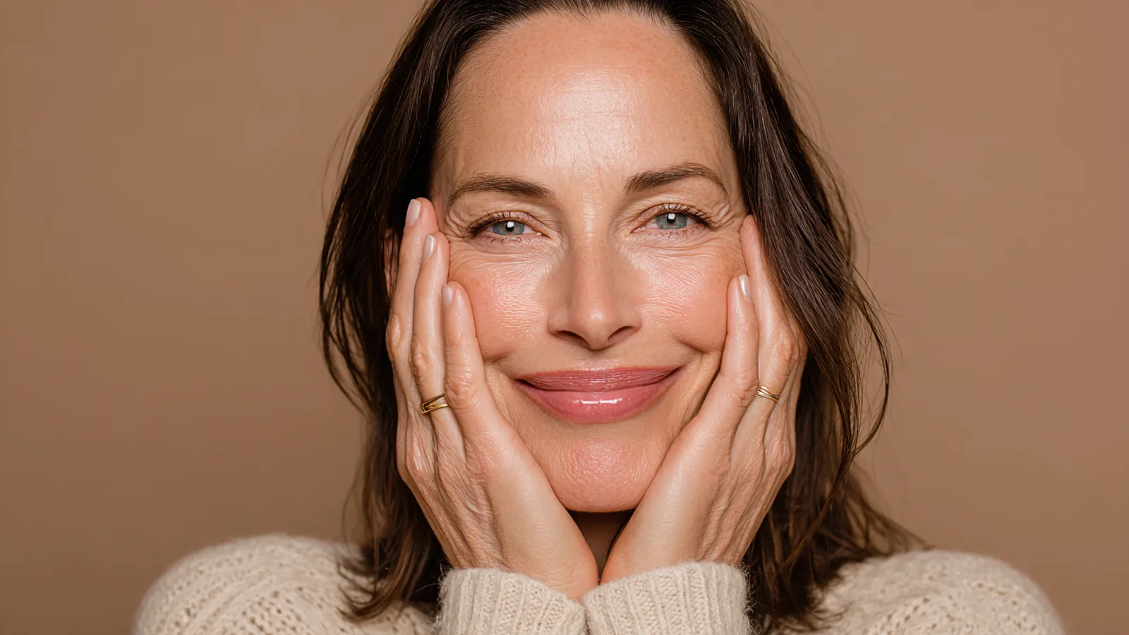 Woman in her forties cupping her cheeks with both hands and laughing, skin fresh and natural