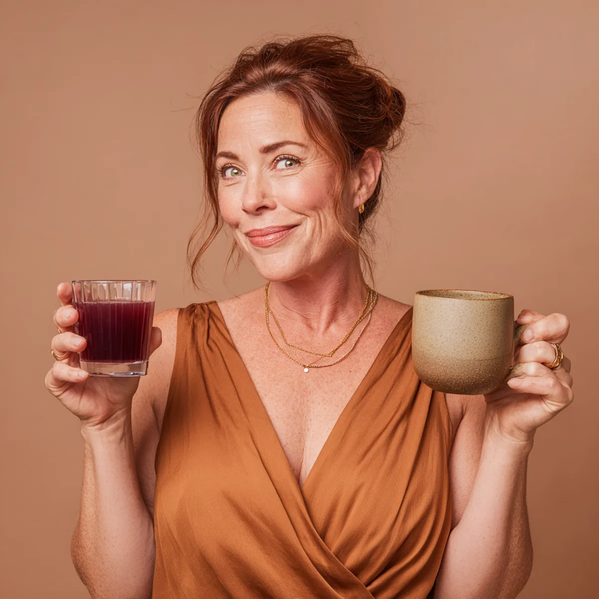 Woman in her forties with auburn hair holding a glass of berry-red collagen drink and a mug of broth, smiling