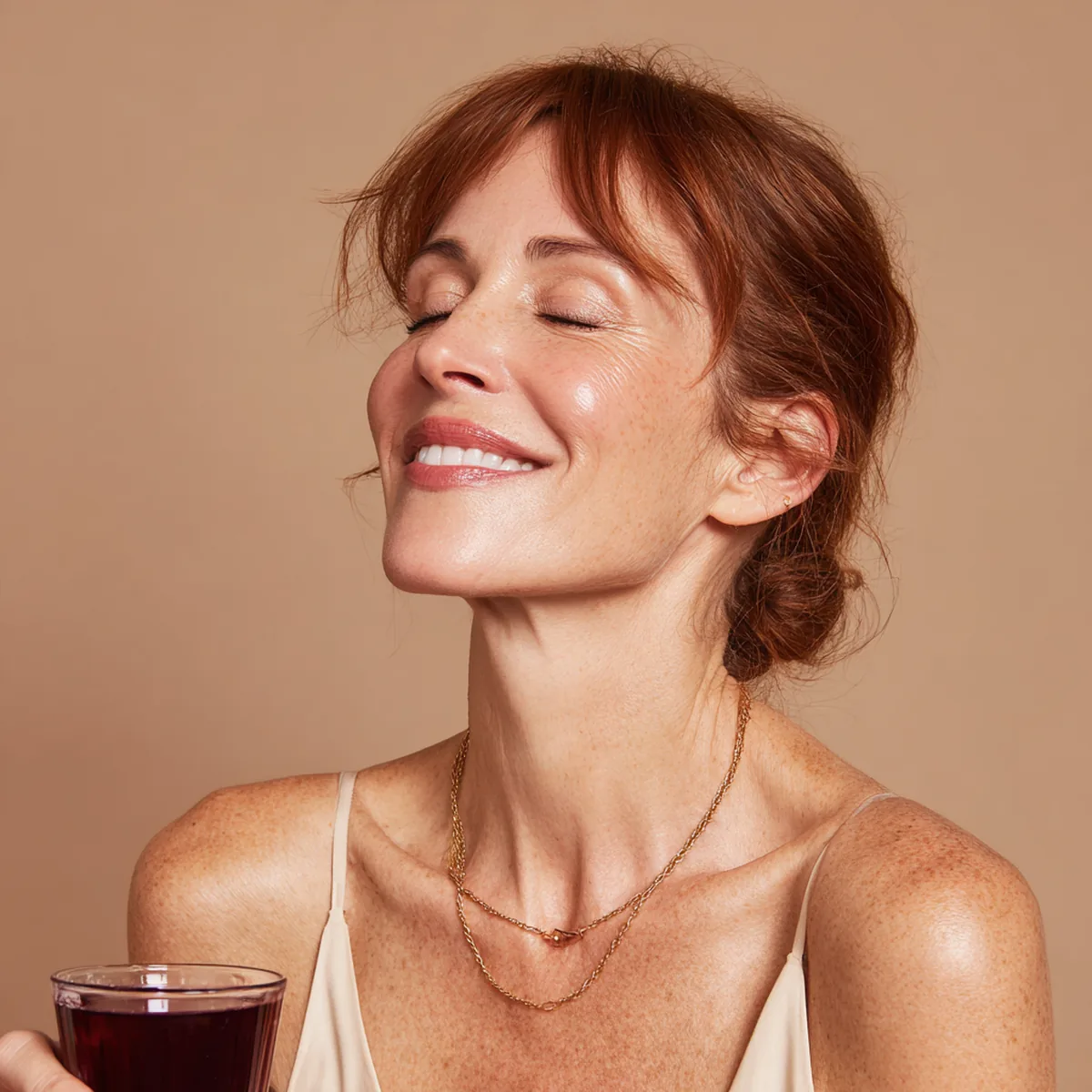 Woman in her forties with auburn hair tipping her head back to finish a small glass of berry-red drink