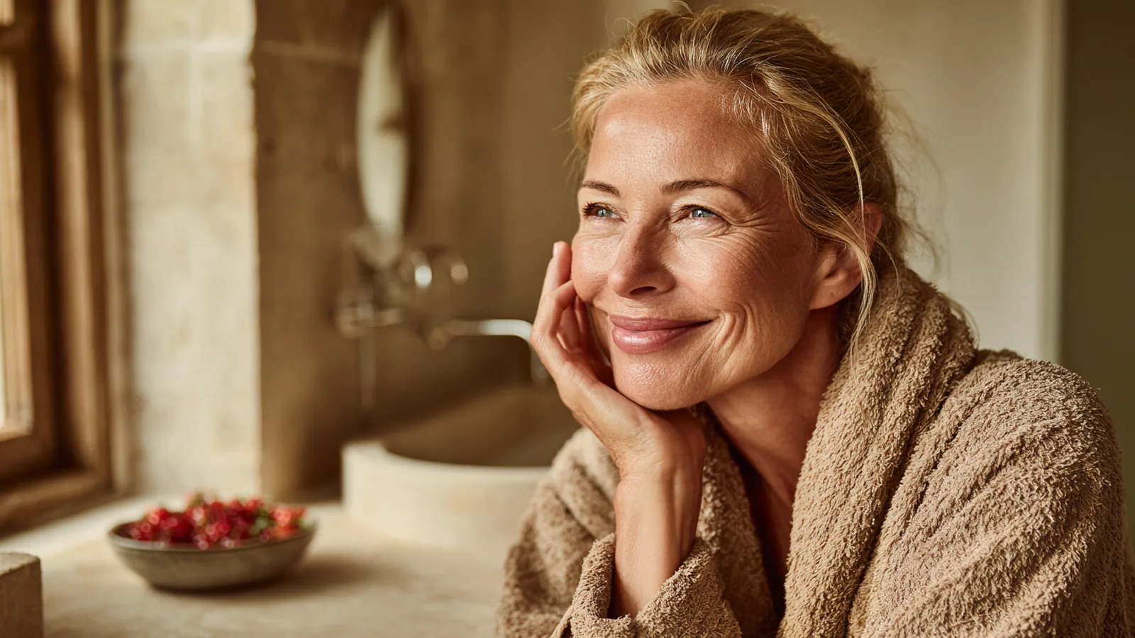 Blonde woman in her fifties in a sand robe laughing as she pats water onto her dewy skin at a stone basin