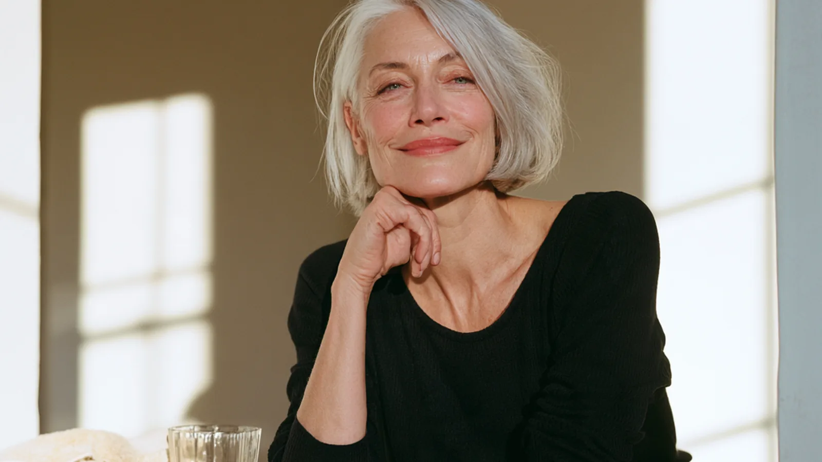 Silver-haired woman in her fifties pouring liquid collagen from an amber pack into its measuring cap