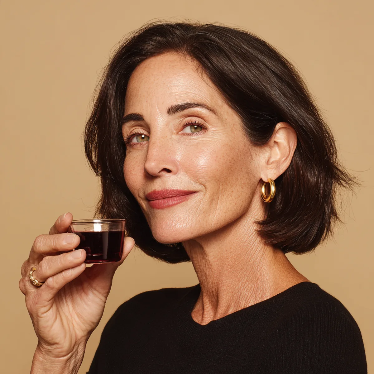 Woman in her fifties with a dark bob holding up a measuring cap of berry-red collagen drink and smiling