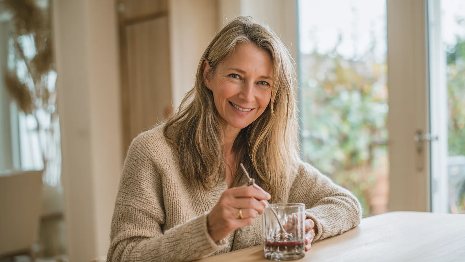 Blonde woman in her forties stirring a measure of berry-red collagen into a glass of water at breakfast