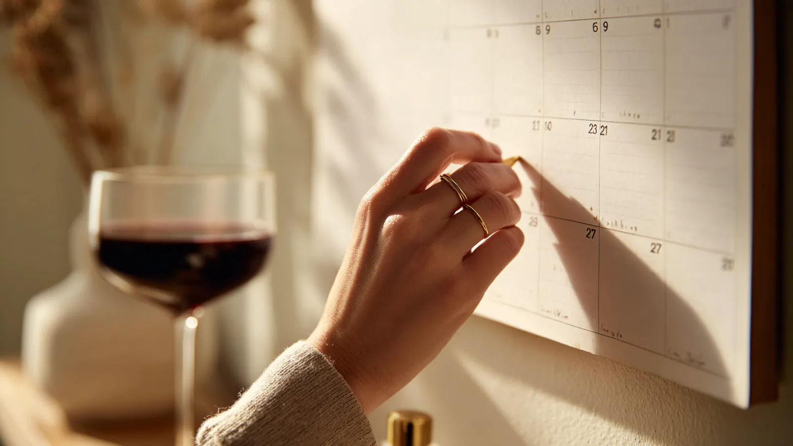 A woman's hand ticking a day on a wall calendar with a small glass of collagen drink on the shelf below