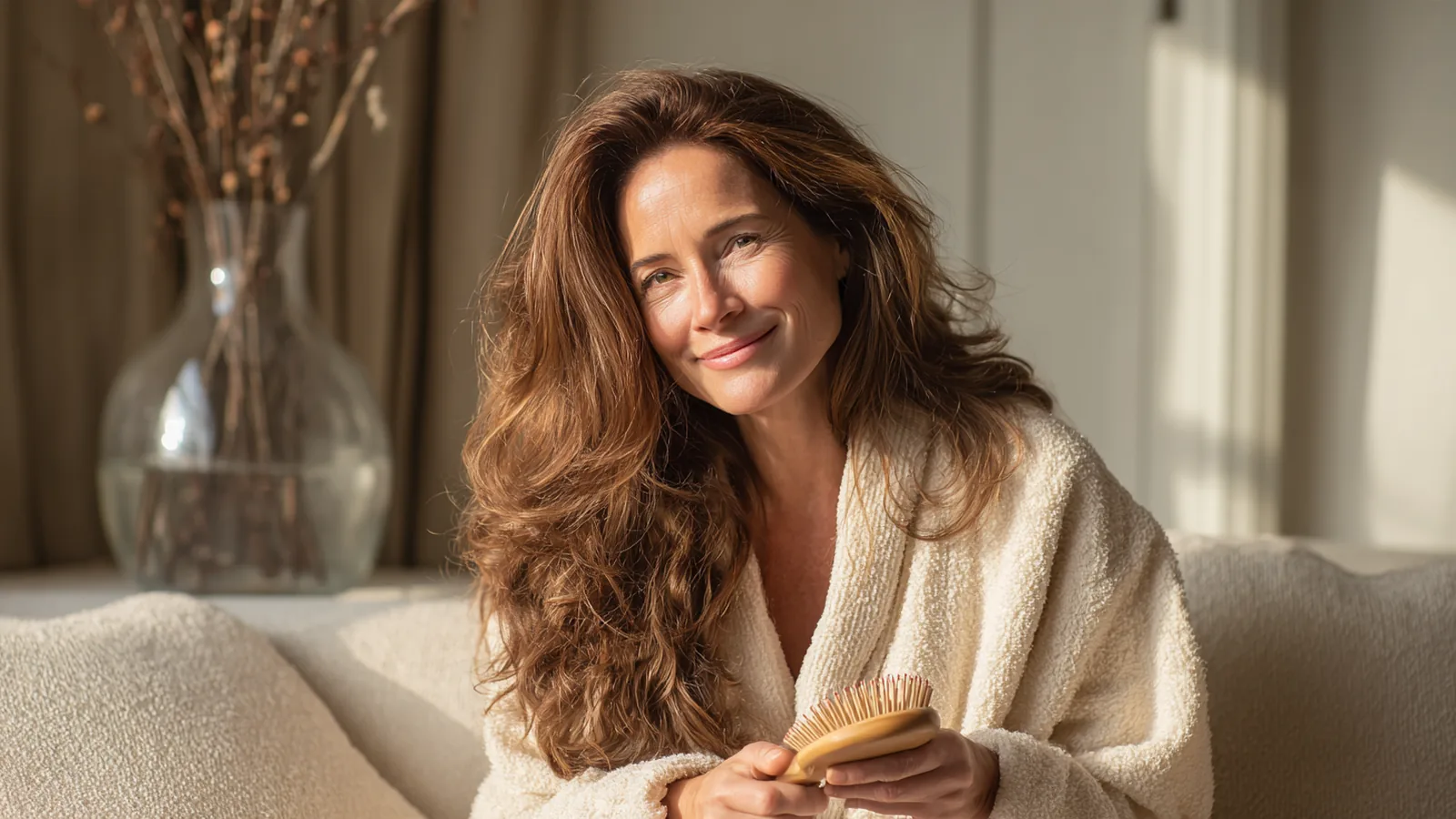 Woman in a cream robe brushing long, shiny auburn hair on a sofa with a contented smile