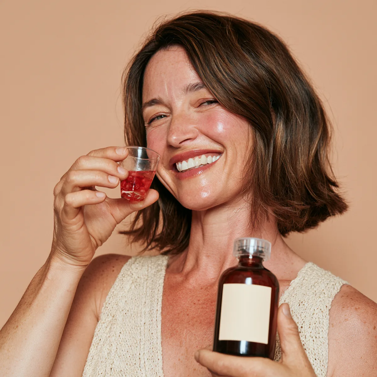 Woman in her forties with a honey-brown bob lifting a measuring cap of berry-red drink to her lips, smiling