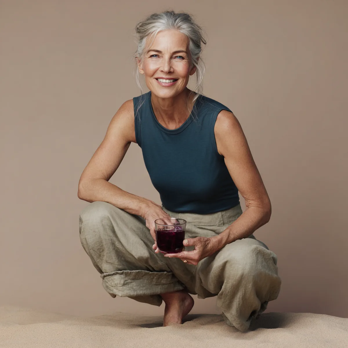 Silver-haired woman in her fifties crouching easily and lifting a small glass of berry-red drink