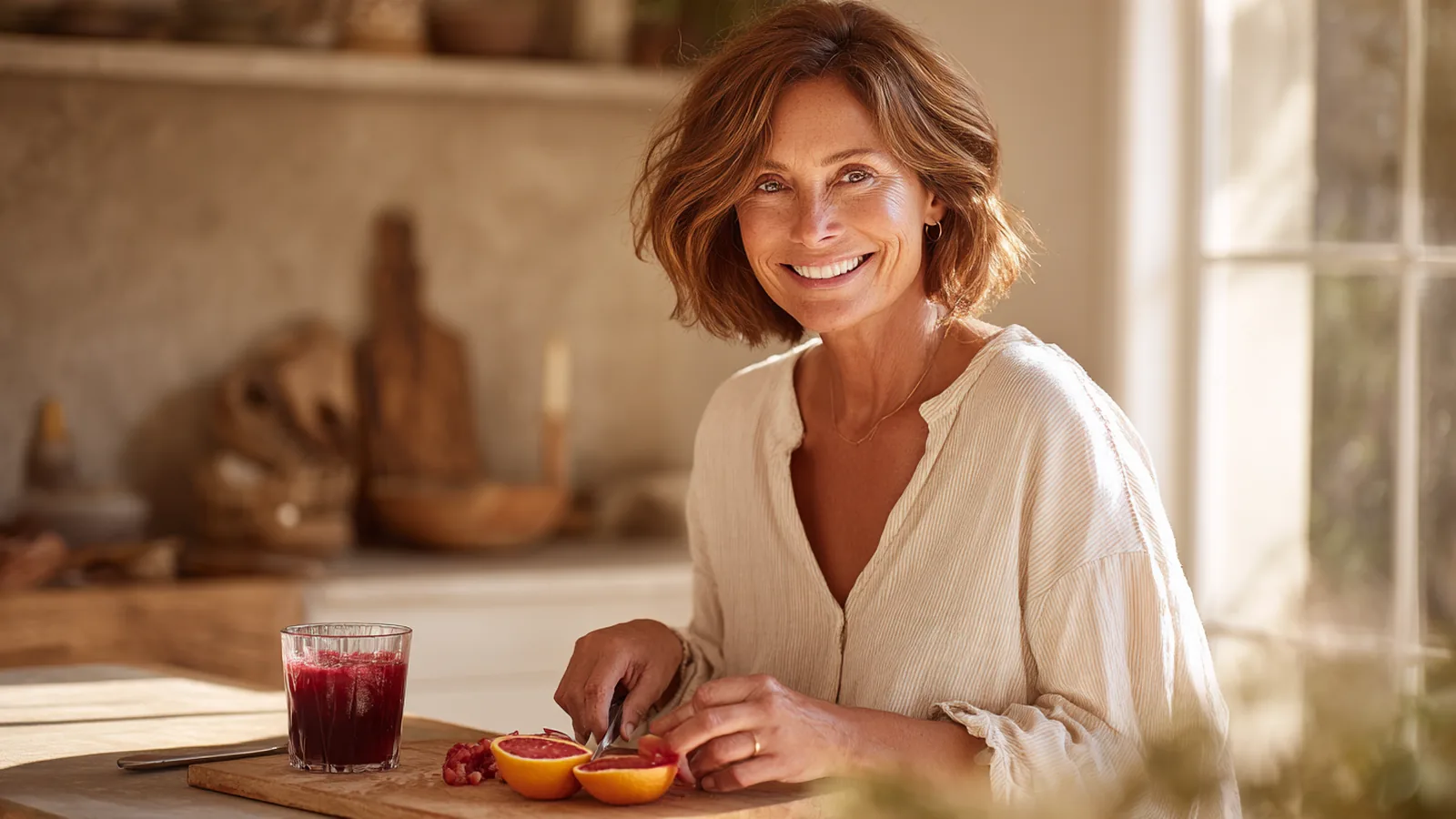 Woman slicing a blood orange at a kitchen counter with a small collagen drink in the foreground