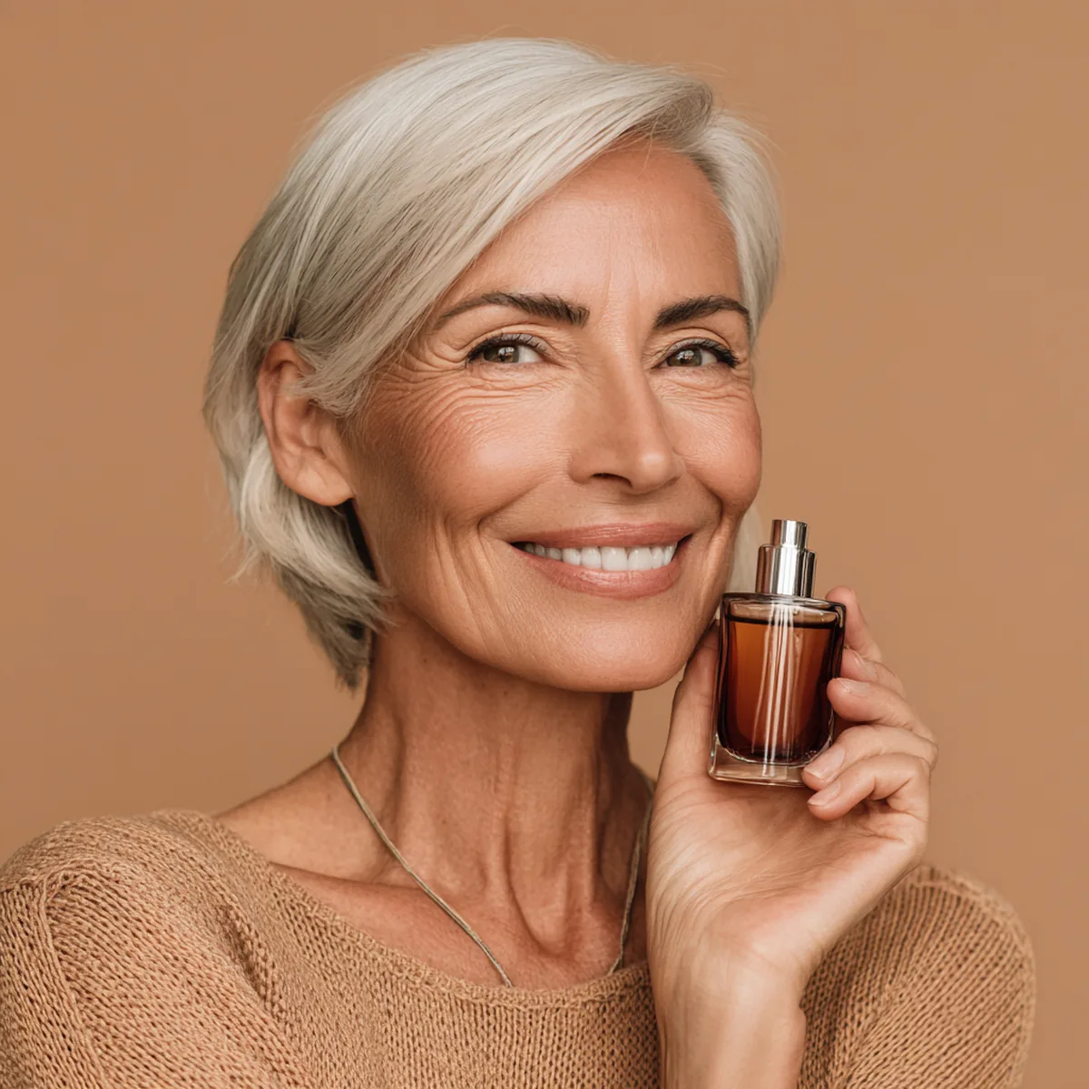 Woman in her fifties with a short silver bob holding a pack of liquid marine collagen beside her face