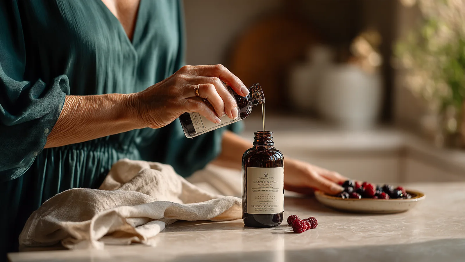 A woman's hands pouring berry-red liquid collagen from an amber pack into a small glass on a stone counter