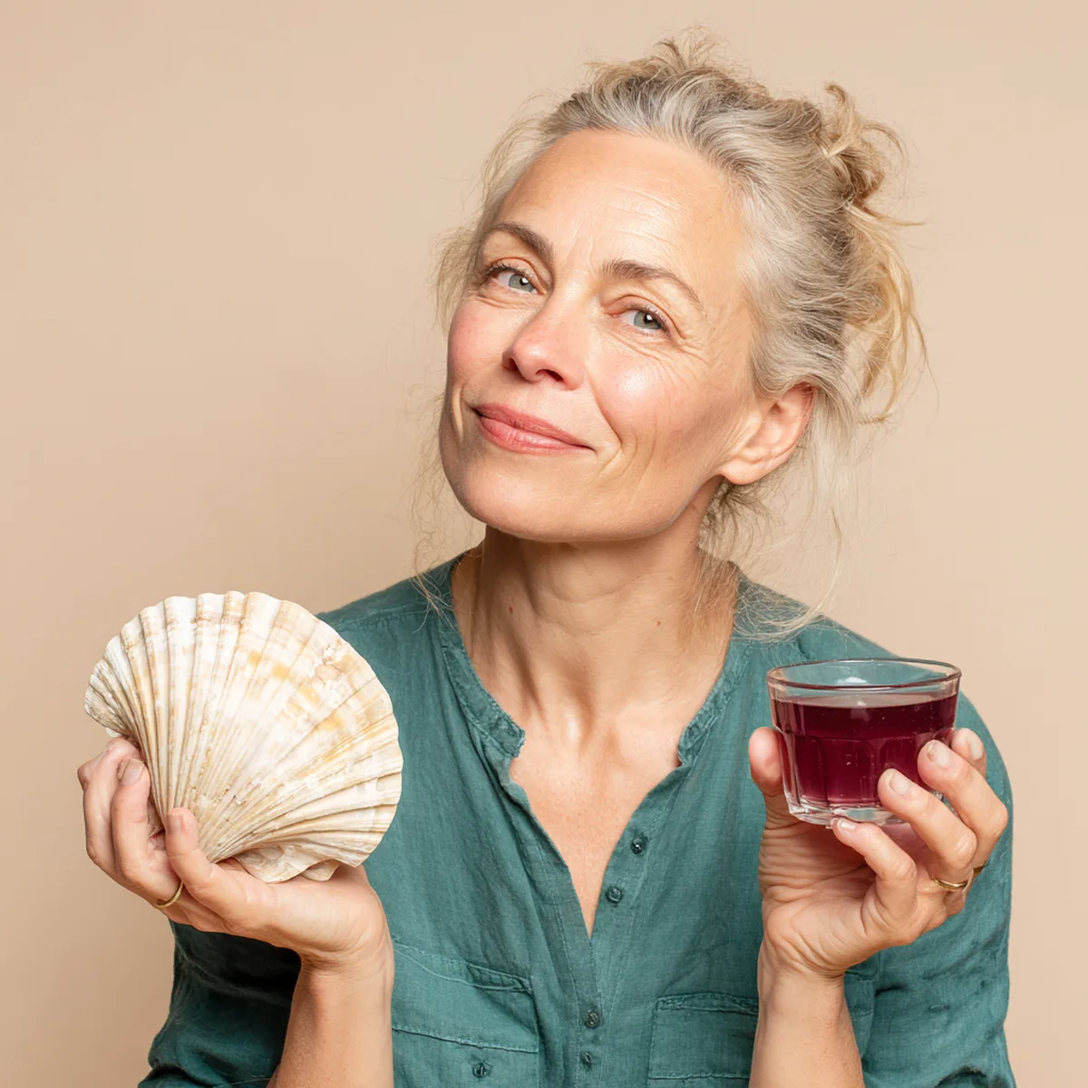 Blonde woman in her fifties holding a seashell and a small glass of marine collagen drink, smiling