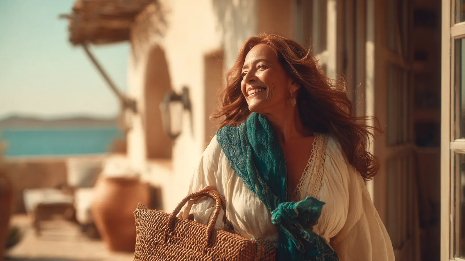 Woman in her forties with auburn hair laughing on a sunny terrace by the sea, the source of marine collagen