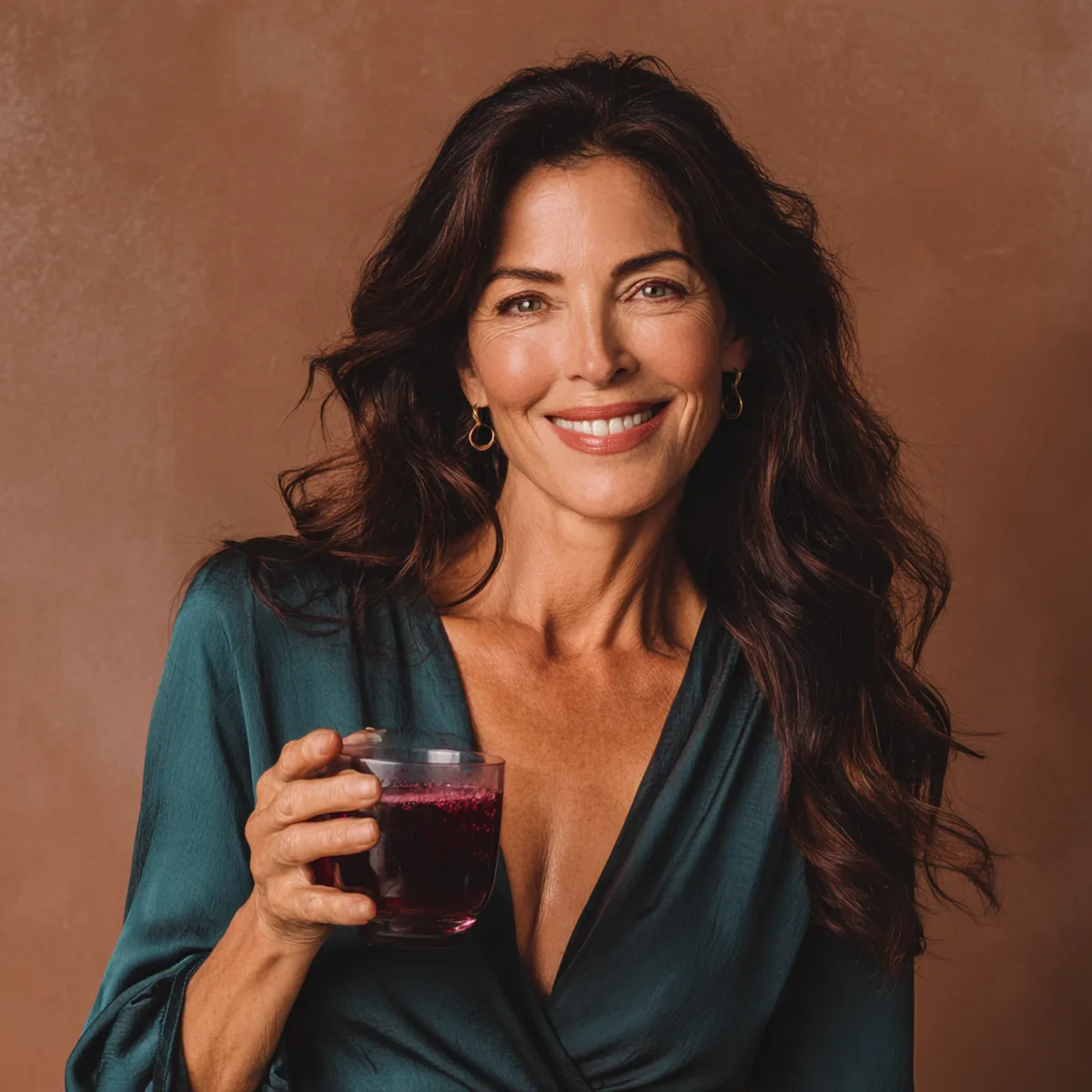 Woman in her fifties running a hand through her hair and holding a small glass of marine collagen drink