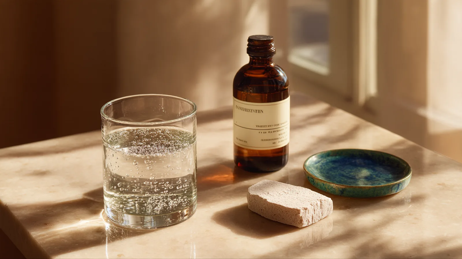 Marine collagen dissolving in a glass of water on a stone counter beside an amber pack