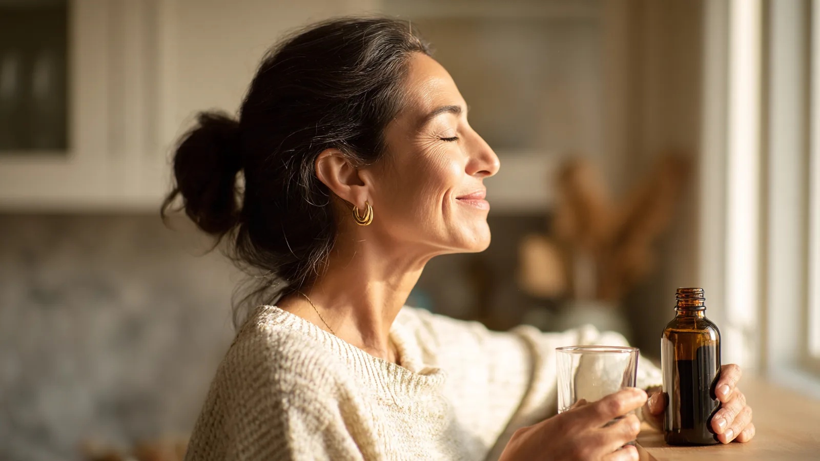 Woman in her forties with a ponytail pouring her morning portion of marine collagen at a kitchen counter