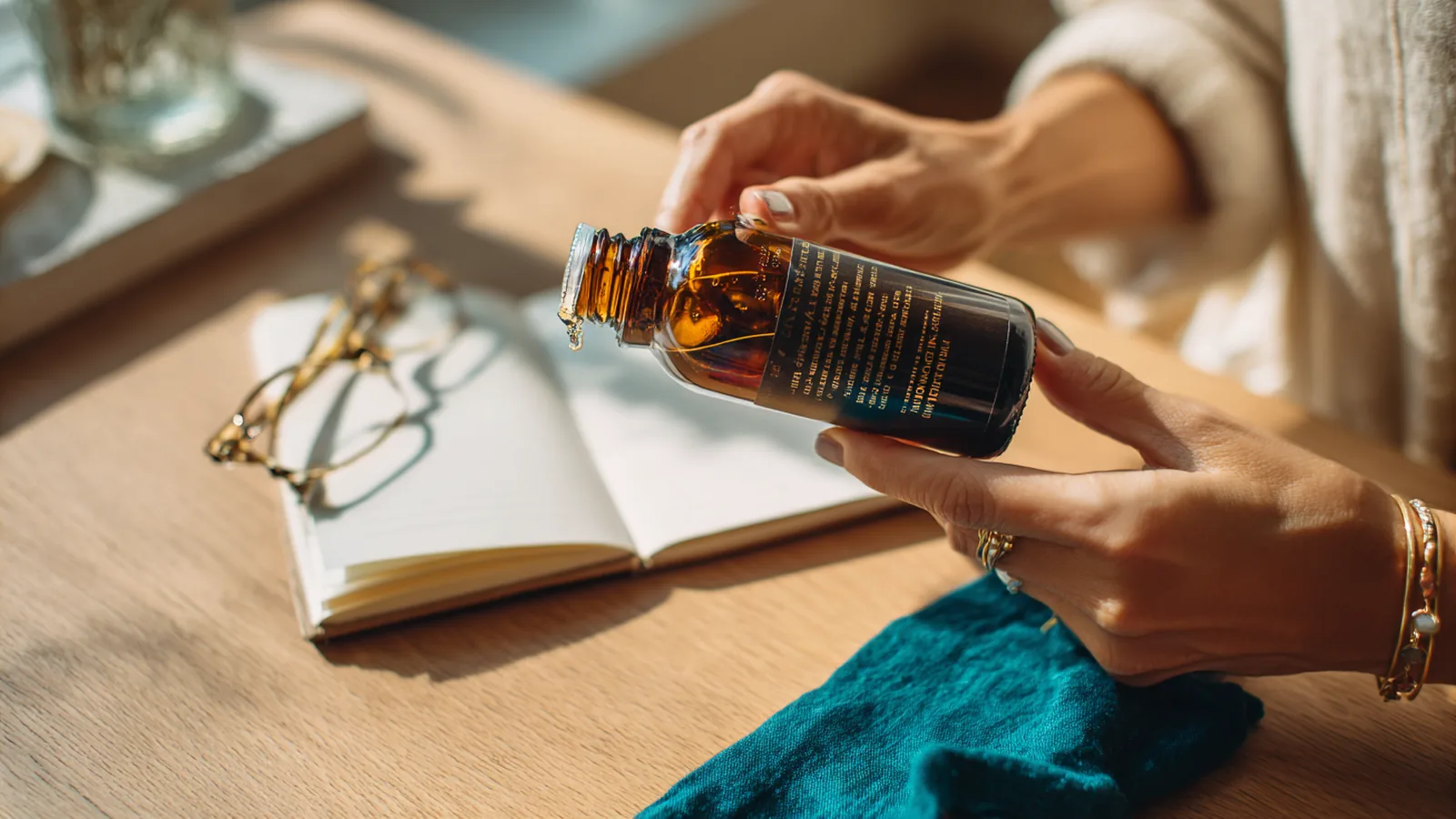 A woman's hands pouring from an amber pack into its cap beside a notebook with a column of pencil ticks