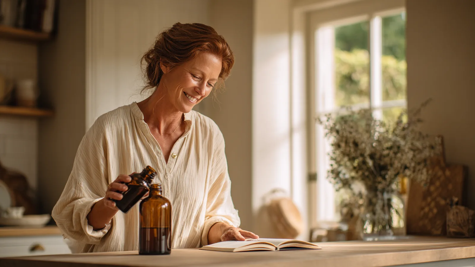 Woman in her fifties with auburn hair pouring a berry-red drink into a measuring cap at a kitchen counter