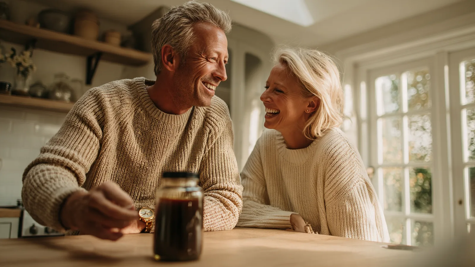 Man in a sand jumper pouring a collagen drink at a kitchen counter while a woman laughs beside him