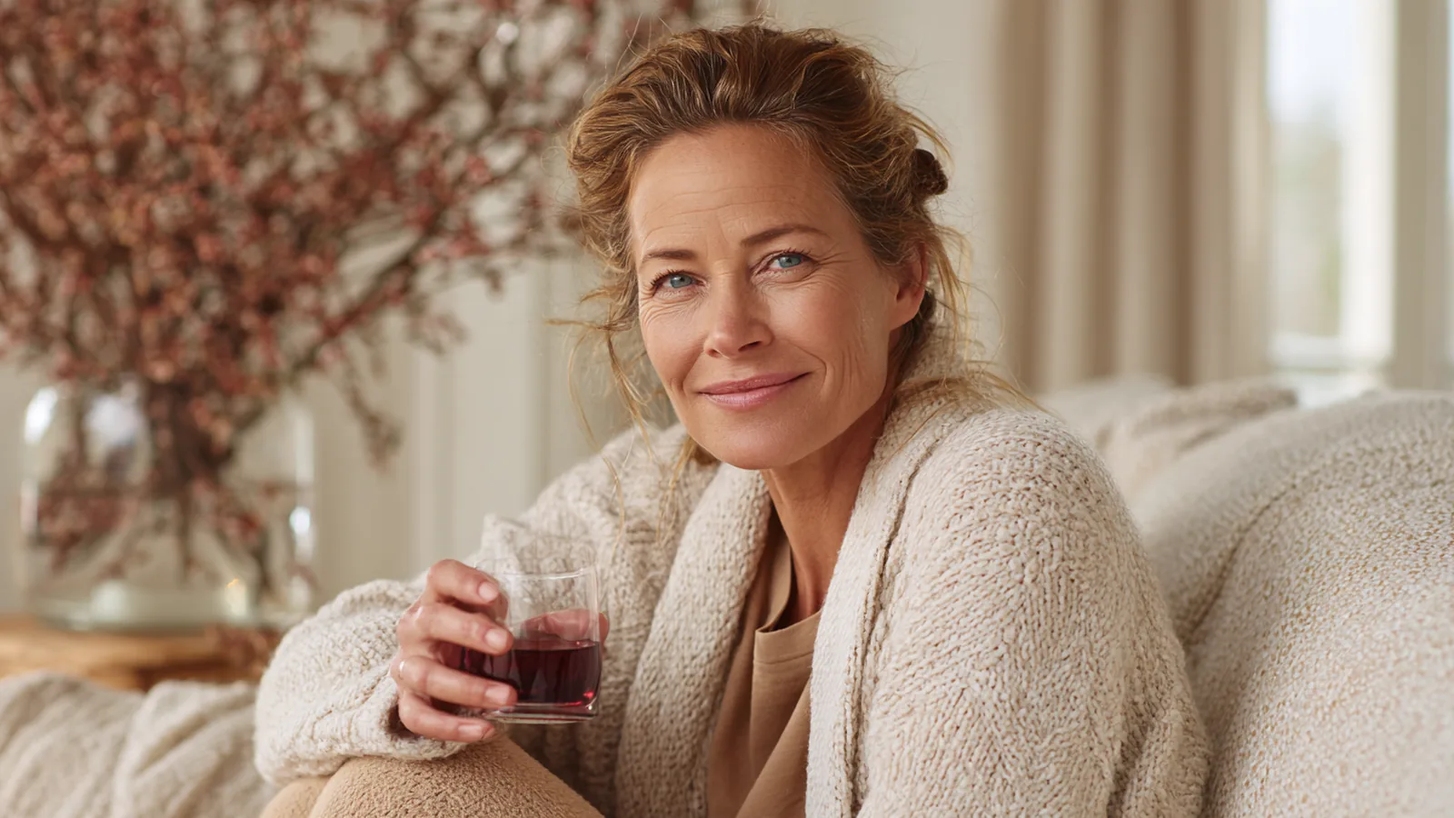 Woman in a cream cardigan relaxing on a sofa with a small glass of berry-red collagen drink