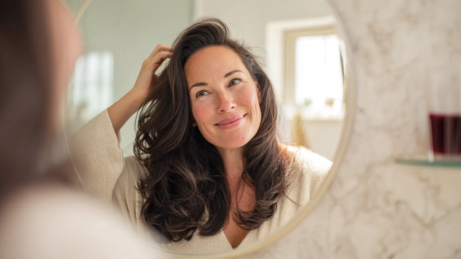 Woman in her forties parting her long dark hair with a wooden comb at a bathroom mirror, smiling