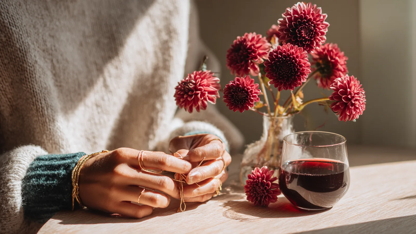 A woman's hands with bare natural nails tying twine around red dahlias beside a small drink