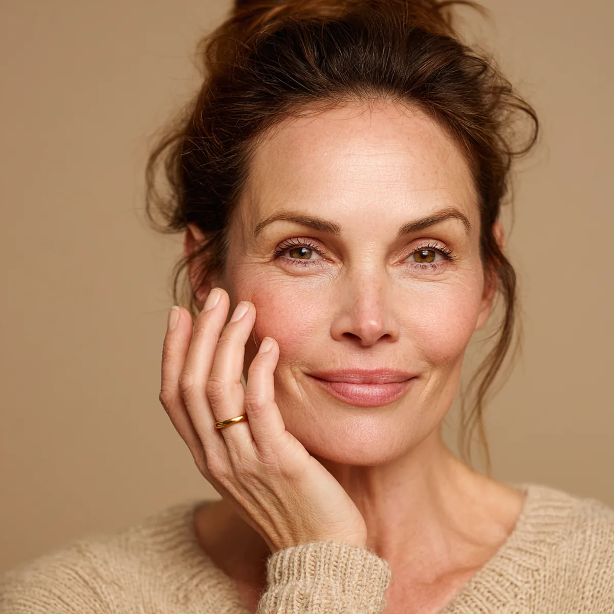 Smiling woman in her forties holding her hand beside her face to show short, bare natural nails